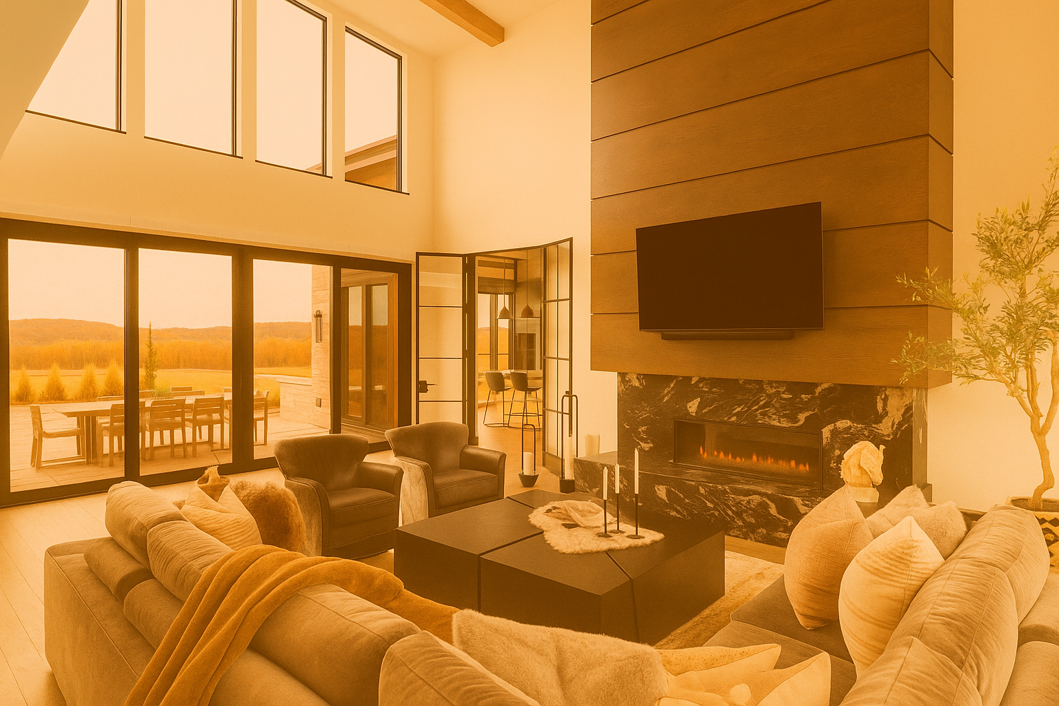Large windows framing fall foliage