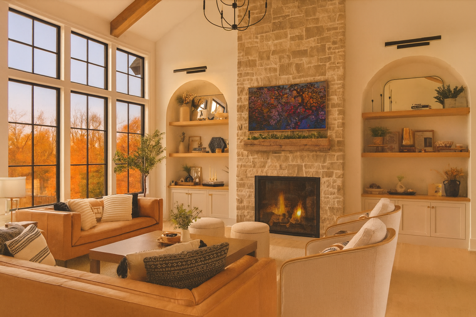 Cozy fall living room with fireplace